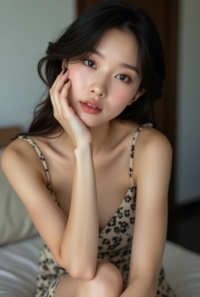 ((Top Quality, 16K, Masterpiece: 1.3)), 1 Beauty: 1.3, (Body Type: Slender Shoulders: 1.4, Big: 1.1, Slender Abs: 1.2), (Hair: Short Hair Layered Cut), (Face: Ultra Detailed Face and Skin Texture, Detailed Eyes, Double Eyelids, Detailed Brown Eyes), (Pose: Elbows, Crawling on All Fours: 1.2, Anatomically Correct), (Costume: Black Lace Babydoll), (Location: On the bed), Sharp focus: 1.2