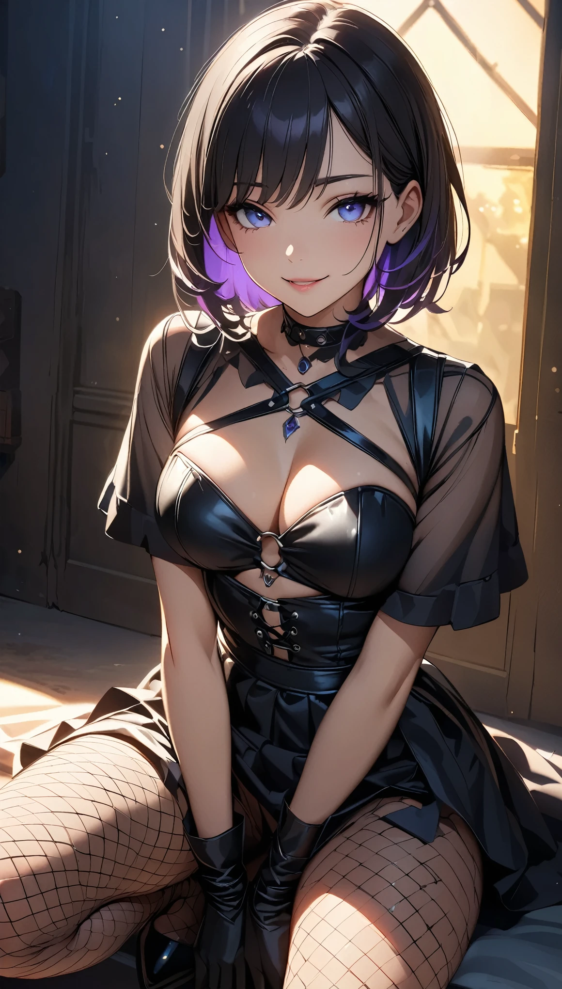 Navy blue hair boy, purple nails, dress, dark eyes, dragon tattoo that crosses the face, normal teeth but sharp fangs and a downward glance of contempt.
