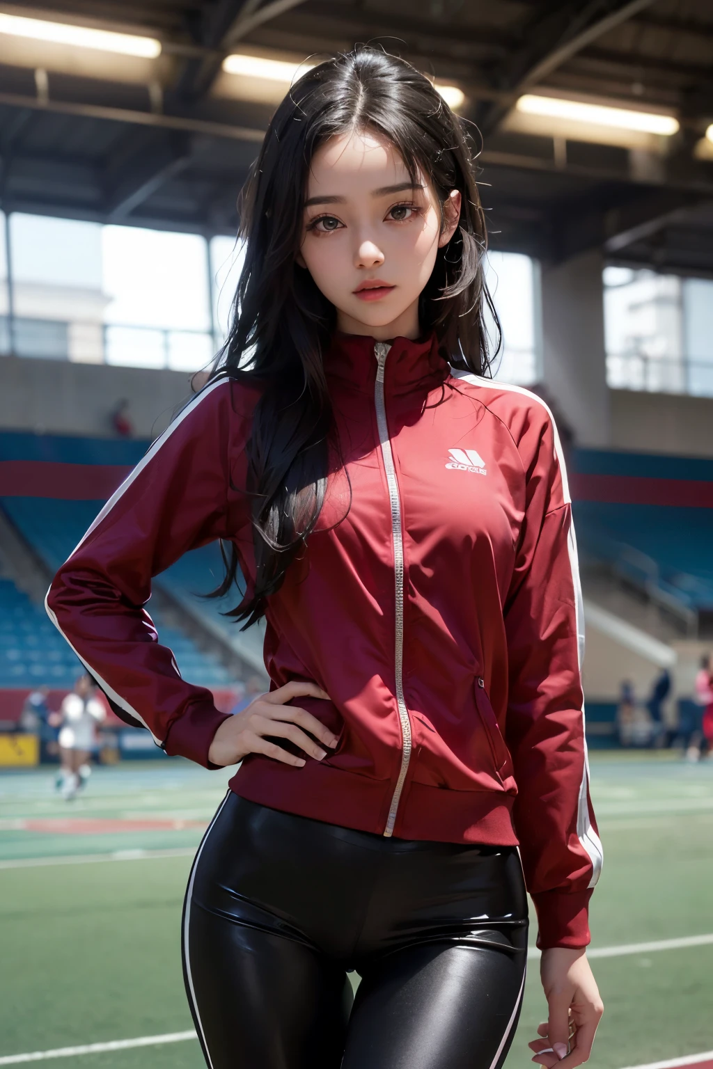 Highly detailed CG Unity 8K wallpapers,top Quority,Super detailed,tmasterpiece,realisticlying,photograph realistic,Very detailed cute girl,25 age old,musculature,Microabs,Round eyes,peeping at the viewer,Be red in the face,parted lip,Half-body shooting,
track suit , gym room,