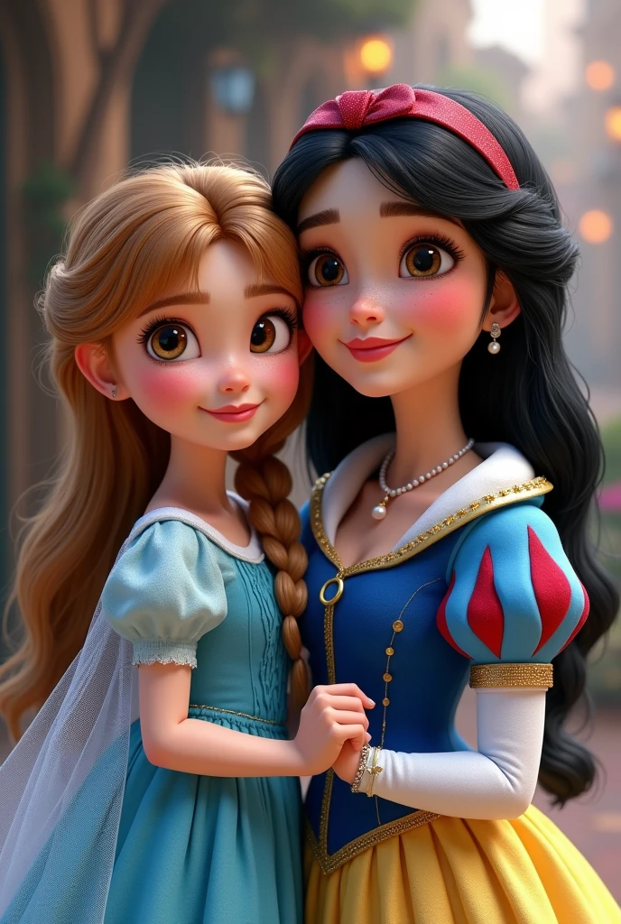 There is a woman and a child who are smiling together, with a kid, aparecia princesas da Disney, Cartoon, a menor no ombro da maior, surrealista, princesas, rainhas