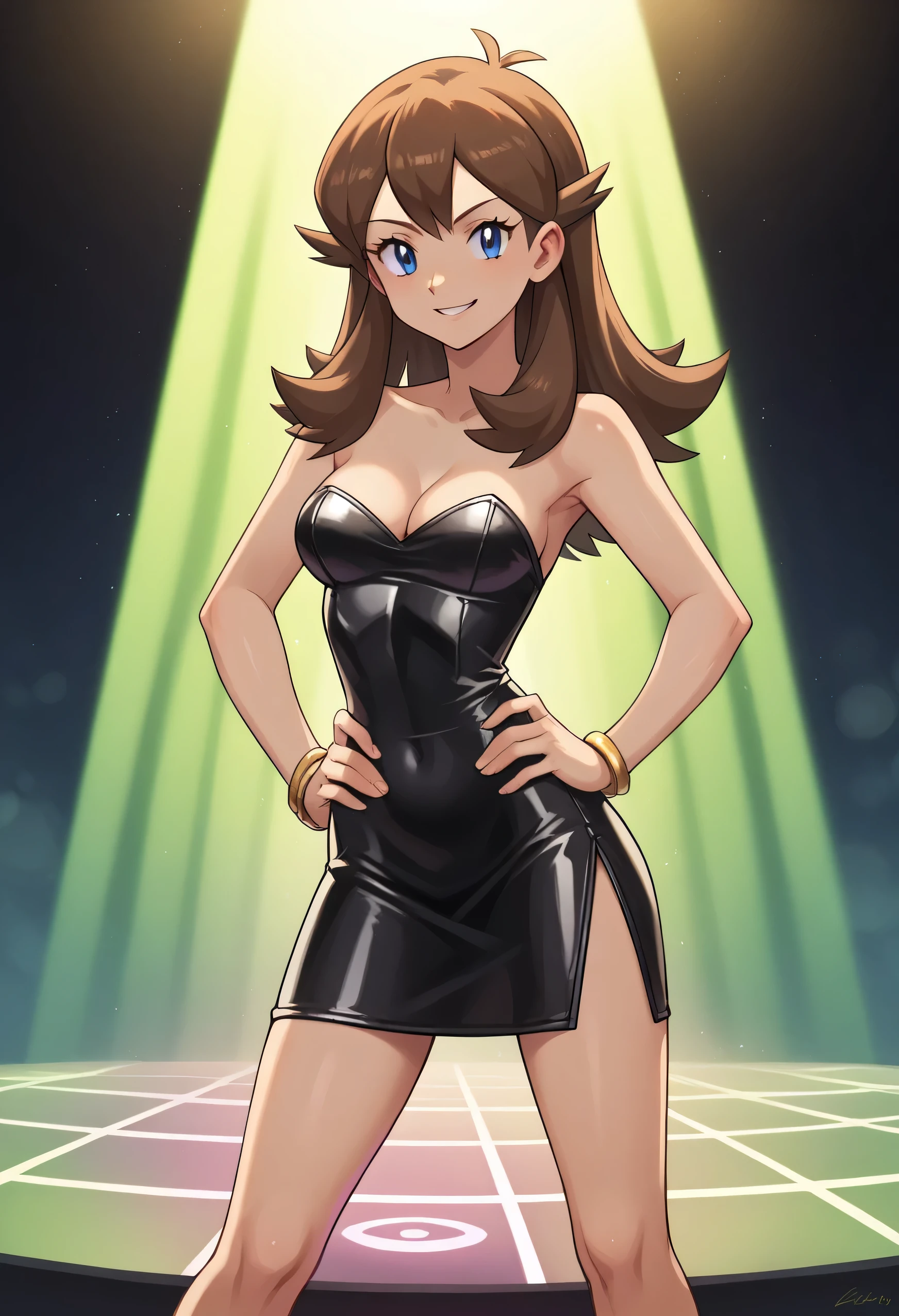 score 9, score 8 up, score 7 up, detailed background, green, brown hair, blue eyes, medium breasts, a strapless leather black tube dress, gold bracelets, hands on hip, nightclub, the dance floor, disco lighting, 1girl, solo, seductive smile, a teenager, PokemonStyle, pokemon \(anime\