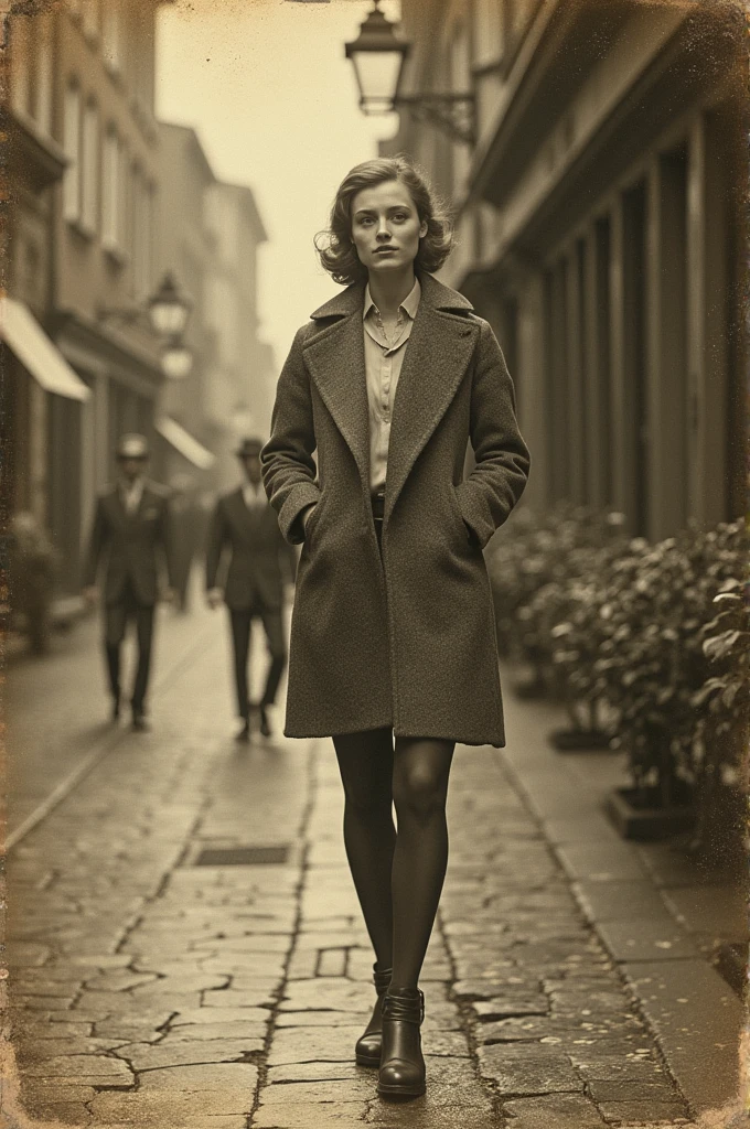 Naked nudist on the street in the style of a photo from 1940