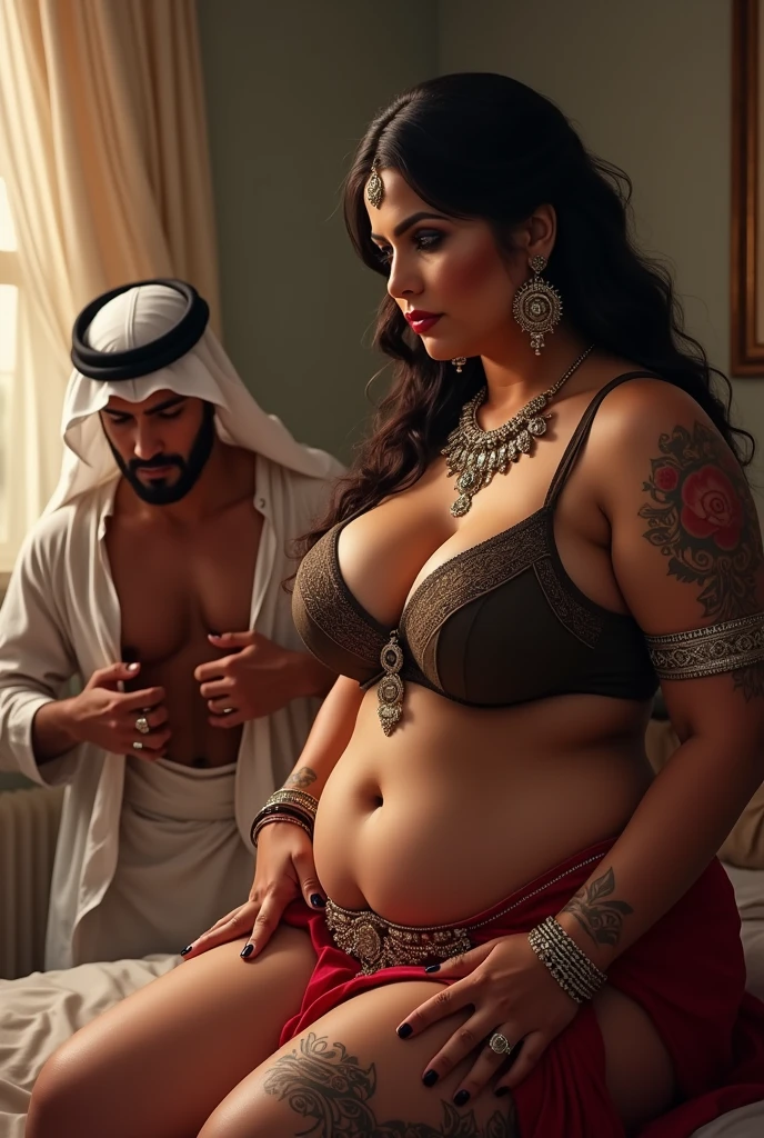 A naked Arab man with long brown hair huge muscular arms round belly and thick thighs reclining in a lavishly decorated tent in the desert along with a woman with huge tits, round belly and thick thighs is kneeling next to him rubbing oil on his chest (handsome Arab man, long hair, topless, highly detailed face highly detailed face, muscular, beautiful Middle Eastern woman with huge tits, rubbing oil on the man's chest, wide angle, horizontal view)