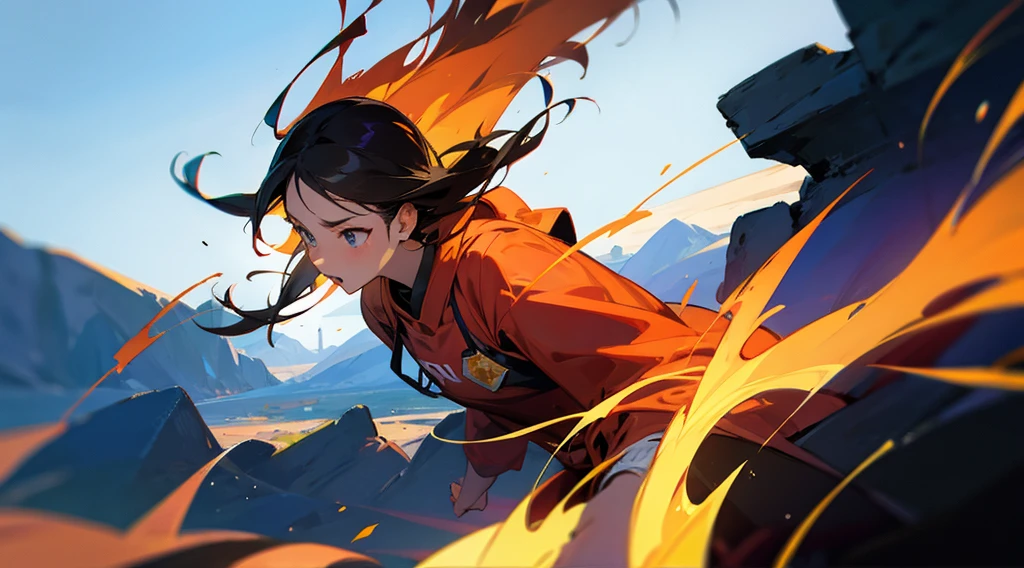 white background, scenery, ink, 1 girl, red and yellow color, splash art