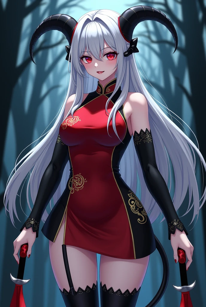 fantasy style, floral background, romance manhwa, 1girl, solo, white hair, red eyes, closed mouth, mature lady, chinese, slim, breasts, hanfu hair, braided hair, detailed eyes, seductive, detailed cheongsam, detailed embroidered, sleeveless, traditional Chinese background, cowboy shot,