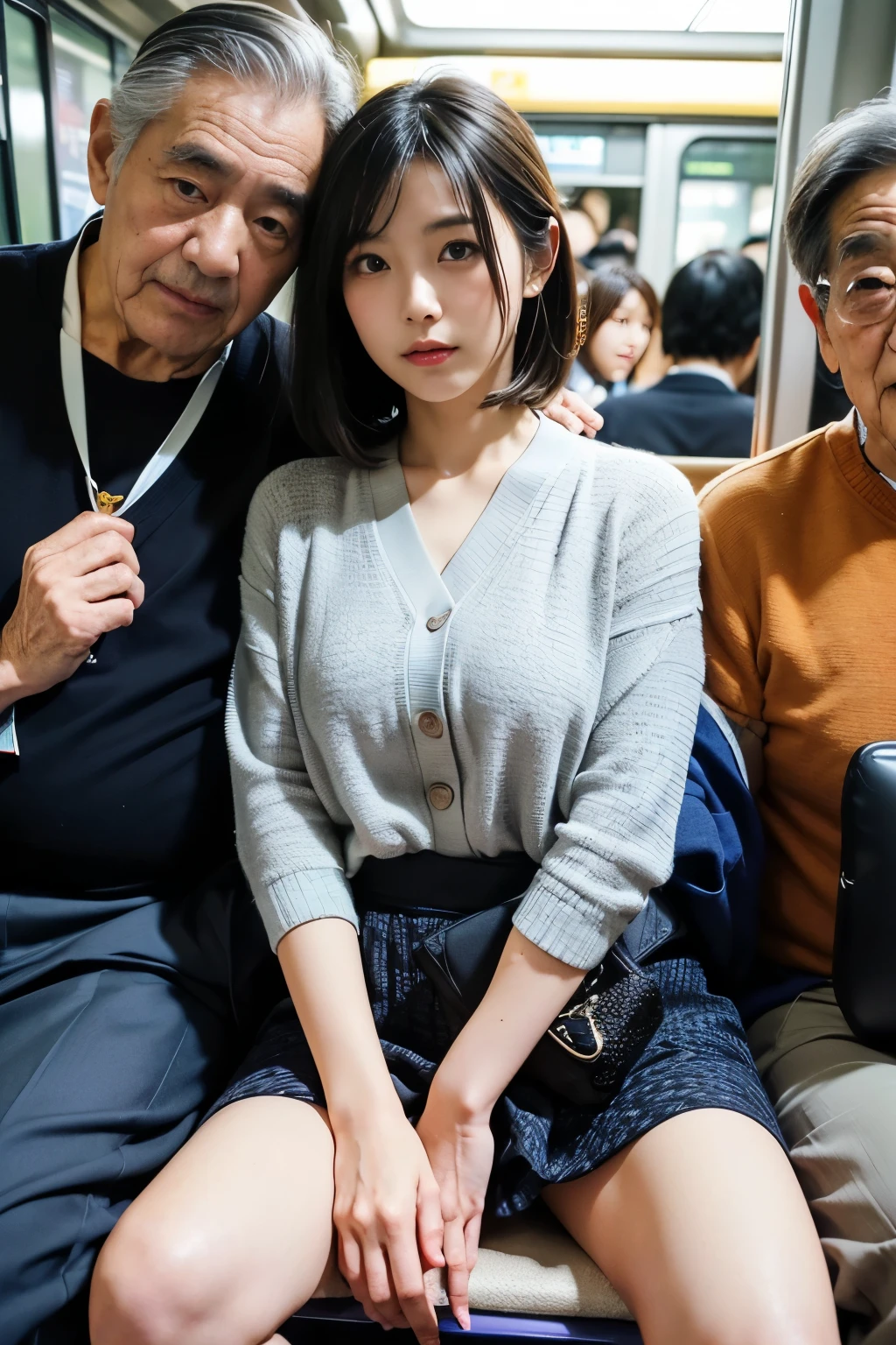 (((Photo of a beautiful Japanese woman and her grandfather:1.4))),(((apply to body:1.4))),Expressionless、8K Photo,((Browsing Caution)),(((An older Japanese man sitting next to a woman is touching her thigh:1.4))), ((from the front), (((Spread your legs))), (Very short hair), Beautiful Japanese office lady, Plain Shirt, Open chest shirt, ((mini skirt)), ((Sitting on a moquette-covered bench in a Japanese commuter train)), A woman riding on JR East's E235 series train, ((Tokyo train bench)), (Close your eyes), ((Sleep soundly))), ((weak))), ((Sleep)), ((Dozing off)), ((Delicate painting) ), (Detailed raw photo of the girl), (Best Quality: 1.6), ((Ultra-high resolution) ((Genuine)), 8K resolution, Canon EOS R5, 50mm, Absurd, Advanced Details, Cinematic Lighting, ((Skirt gap)), ((defenseless)), (cute printed panties), Please be careful when viewing: 0.2, ((night)), White bra, 10pm,