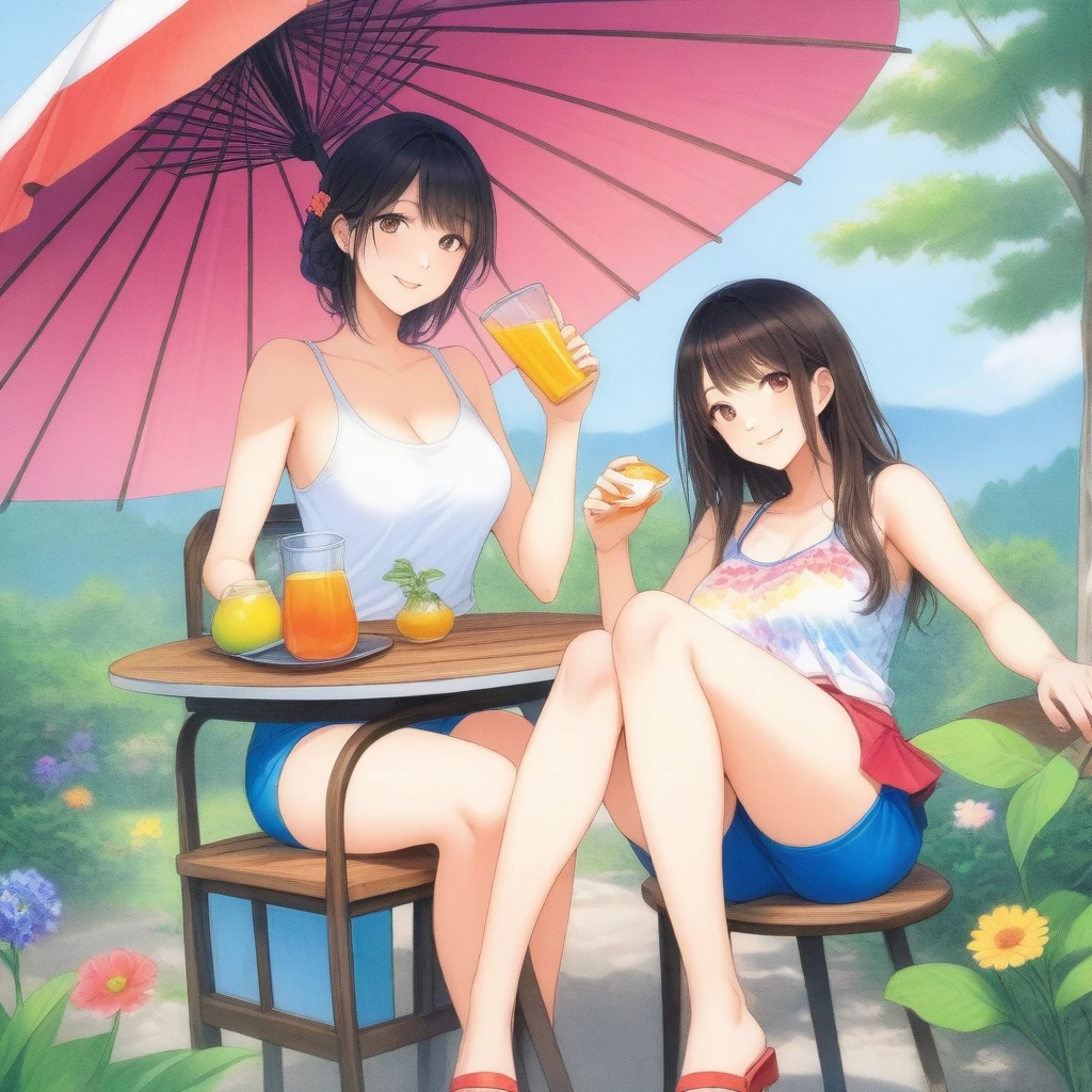 masterpiece, best quality, 2girls, young teen, petite, slim, small breast, school shirt, open shirt, white panties, sitting by a forest lake, picnic, lunch, smile, summer, warm, soft light, bright, watercolor