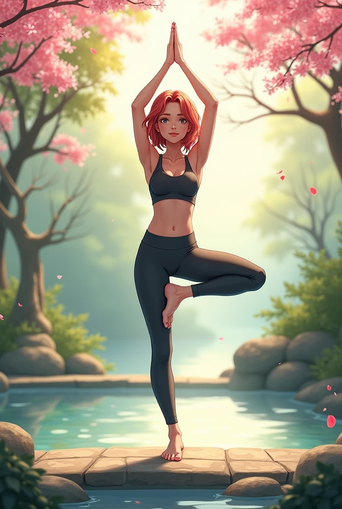((african american, brown skin, doing yoga outside on the grass, yoga mat, pink . sexy yoga poses, barefoot, detailed yoga pants, sexy slim thick body, cleavage, curvy ), Outrun Color Palette, (Purple aestethic), In the Style of Electric Dreamscape, (depth), Orange and Blue Palette, Victorian Elegance, Psychedelic, (Fantasy Dreamland Landscape), Natural colors, ((1 leg up in the air)) ), 150 mm, Druidic Runes, Ultra Realism, Swirling light around the character