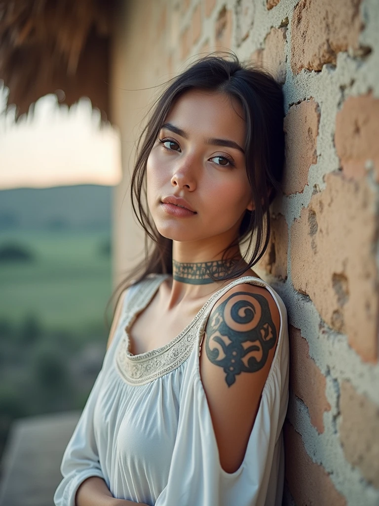 naked 22 year old girl on all fours, braids, full body tattoos, epic scenery, soft light,