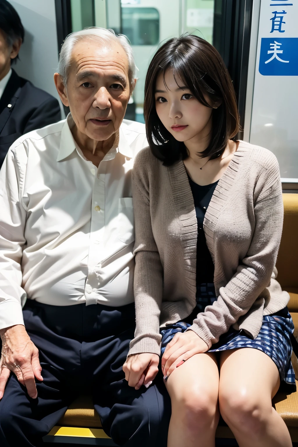 (((Photo of a beautiful Japanese woman and her grandfather:1.4))),(((apply to body:1.4))),Expressionless、8K Photo,((Viewer discretion advised)),(((An older Japanese man sitting next to a woman is touching her thigh:1.4))), ((from the front), (((Spread your legs))), (Very short hair), Beautiful Japanese office lady, Plain Shirt, Open chest shirt, ((mini skirt)), ((Sitting on a moquette-covered bench in a Japanese commuter train)), A woman riding on JR East&#39;s E235 series train, ((Tokyo train bench)), (Close your eyes), ((Sleep soundly))), ((weak))), ((Sleep)), ((Dozing off)), ((Delicate painting) ), (Detailed raw photo of the girl), (Best Quality: 1.6), ((Ultra-high resolution) ((Genuine)), 8K resolution, Canon EOS R5, 50mm, Absurd, Advanced Details, Cinematic Lighting, ((Skirt gap)), ((defenseless)), (cute printed panties), Please be careful when viewing: 0.2, ((night)), White bra, 10pm,