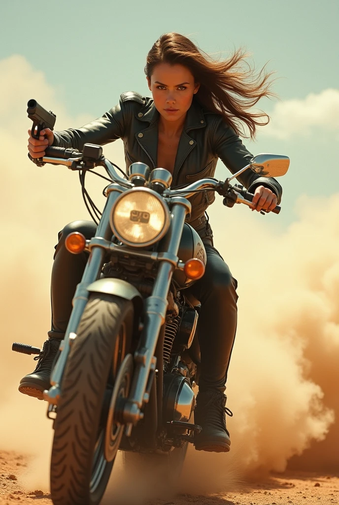 (masterpiece:1.2, best quality), female biker. riding a bike, armed and dangerous. mad max fashion style. desert apocalypse background, cinematic lighting.