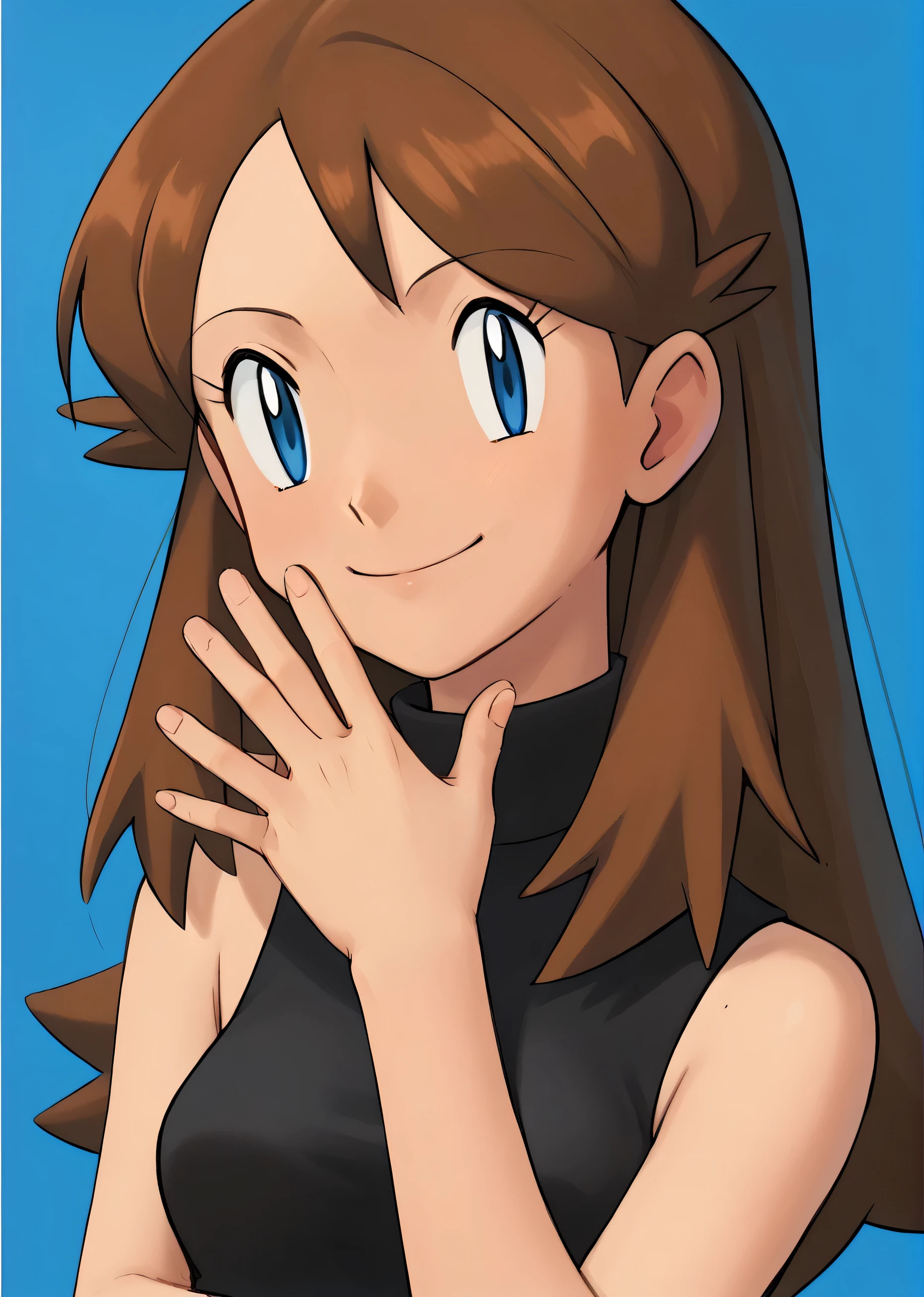 score 9, score 8 up, score 7 up, rating questionable,
detailed background,
 green, brown hair, blue eyes,
medium breasts, smile, sleeveless black dress, smile, looking at viewers, PokemonStyle, pokemon \(anime\, blue background 