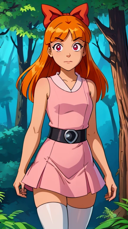 (1girl, solo, (Blossom:1.5)), (extremely detailed CG unit 8k wallpaper),(master part), (best quality), (ultra detail), (best illustration),(Totally Spies, art style), cowboy shot, (Sharp eyeliner, ombre, detailed eyes:1), forest, outdoors background, ,break,  (digital art), upper body, (orange hair, blunt bangs, pink eyes:1.2), (hair bow, red bow, simple pink dress, simple black belt, white thighhighs:1.2)