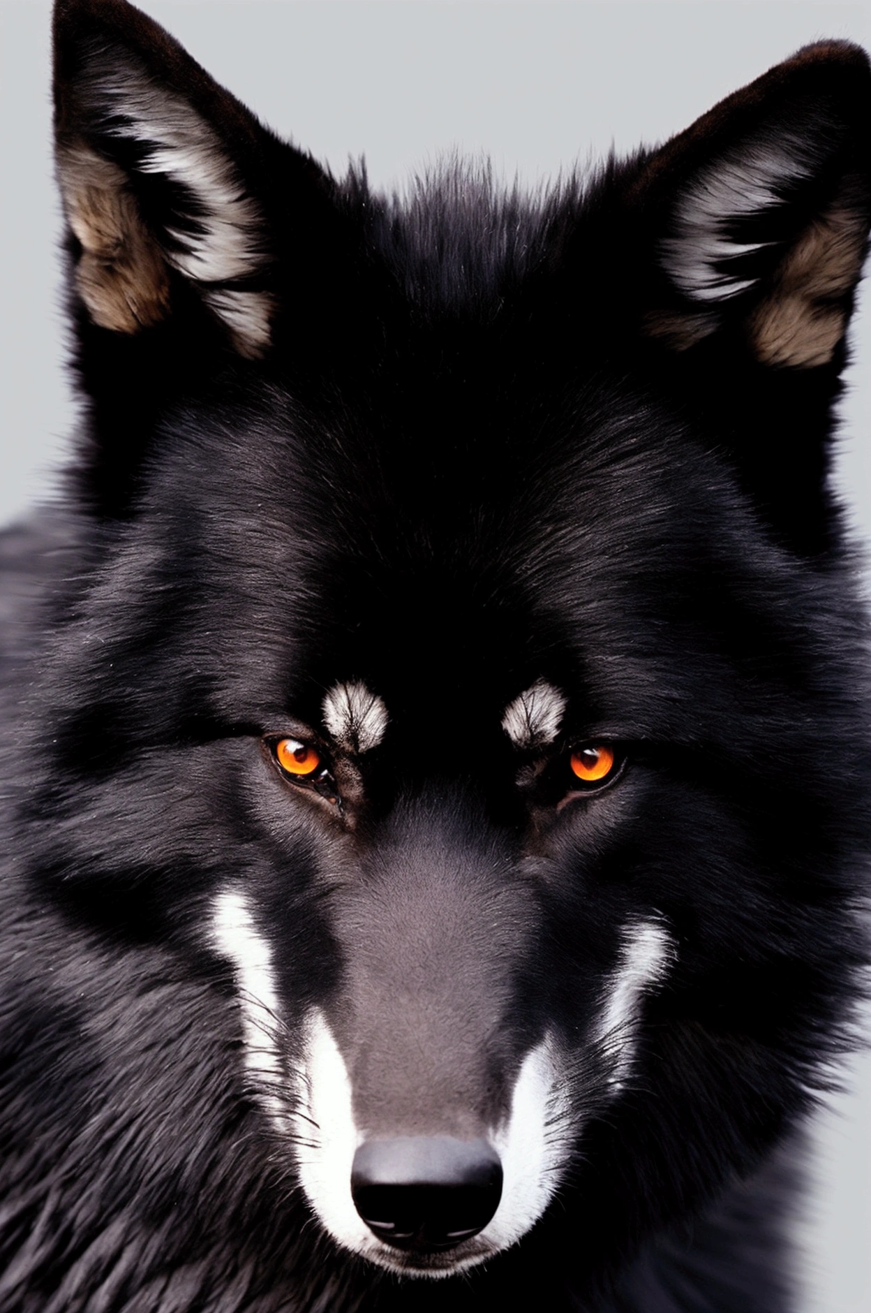 black background, wolf, black wolf, lighten character:0.4, face view, neutral expression, realistic fur, loot at viewer