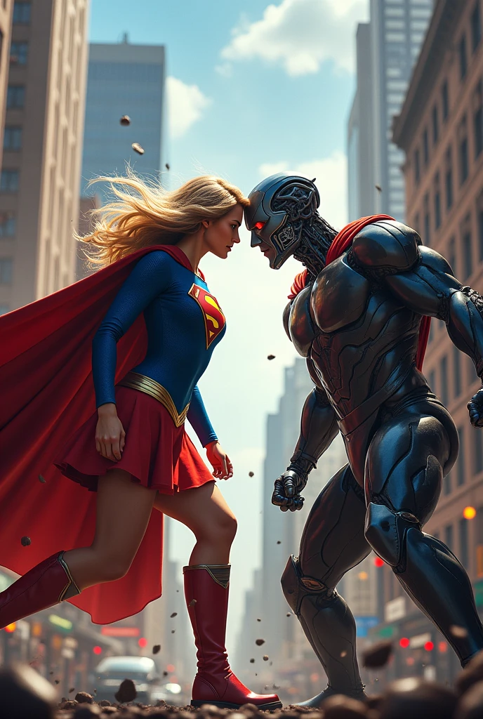 The Knight faces the Boss in Super Girl's body, Super Girl, masked, who wears her blue crop top uniform, mini skirt, red cape and boots