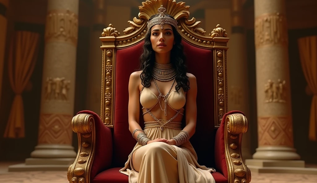Cleopatra very angry, brava, roupa de rainha, vestido longo, sentada em um trono de rainha, extremamente zangada