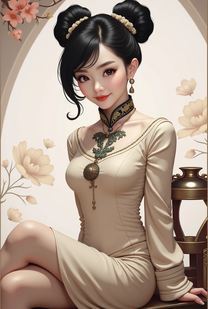 A beautiful woman dressed in a modern, form-fitting Cheongsam with traditional Chinese elements, seated gracefully on an ornate wooden chair. The scene is illustrated in a delicate watercolor style, with soft, flowing brushstrokes that highlight the elegance and subtlety of the traditional attire. Her posture is confident, with an alluring smile, and her hair is styled in a traditional updo with intricate accessories. The background is a soft wash of colors, emphasizing the focus on the woman and her attire.