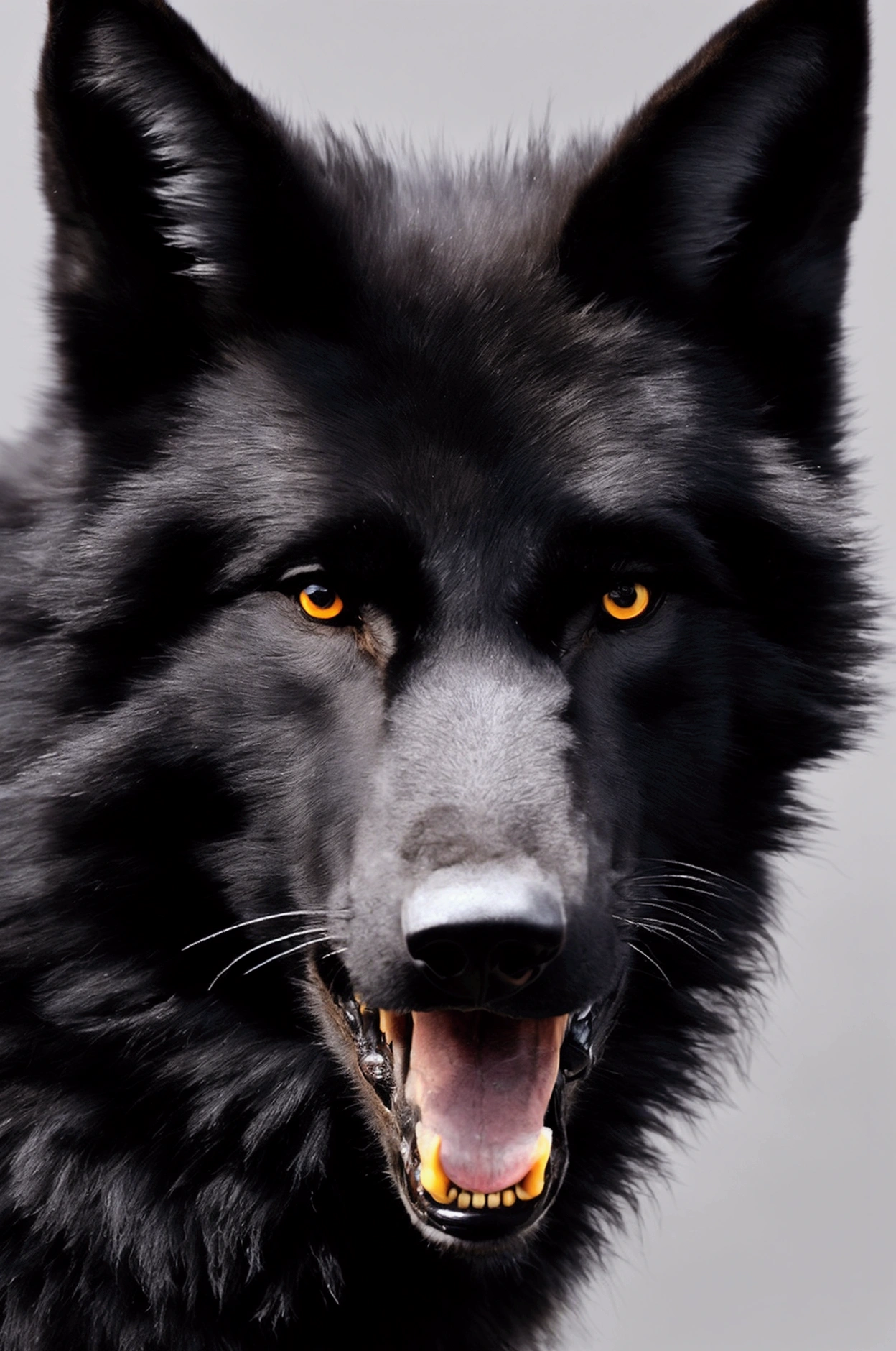 black background, wolf, black wolf, lighten character:0.4, face view, neutral expression, realistic fur, loot at viewer, (open mouth:0.2)