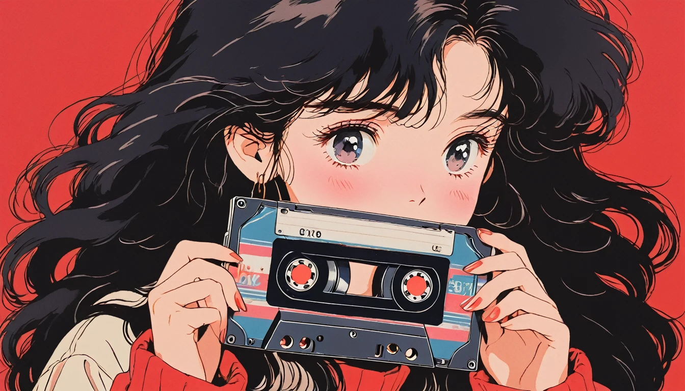 90's anime style, 1990s style, clear, 1980s style, (blush:1.7), the highest quality, 8k, 1 woman, Only, lofi girl, lofi art, lofi feeling, looking at the viewer, very big eyes, wearing 1980s clothes, upper shot, close up, smiling, light brown eyes, skin white as snow, sparkling eyes, black hair, wavy hair, anime girl holding cassette tape with her hand, solid red background with no other elements, the main focus is on the girl and the cassette tape