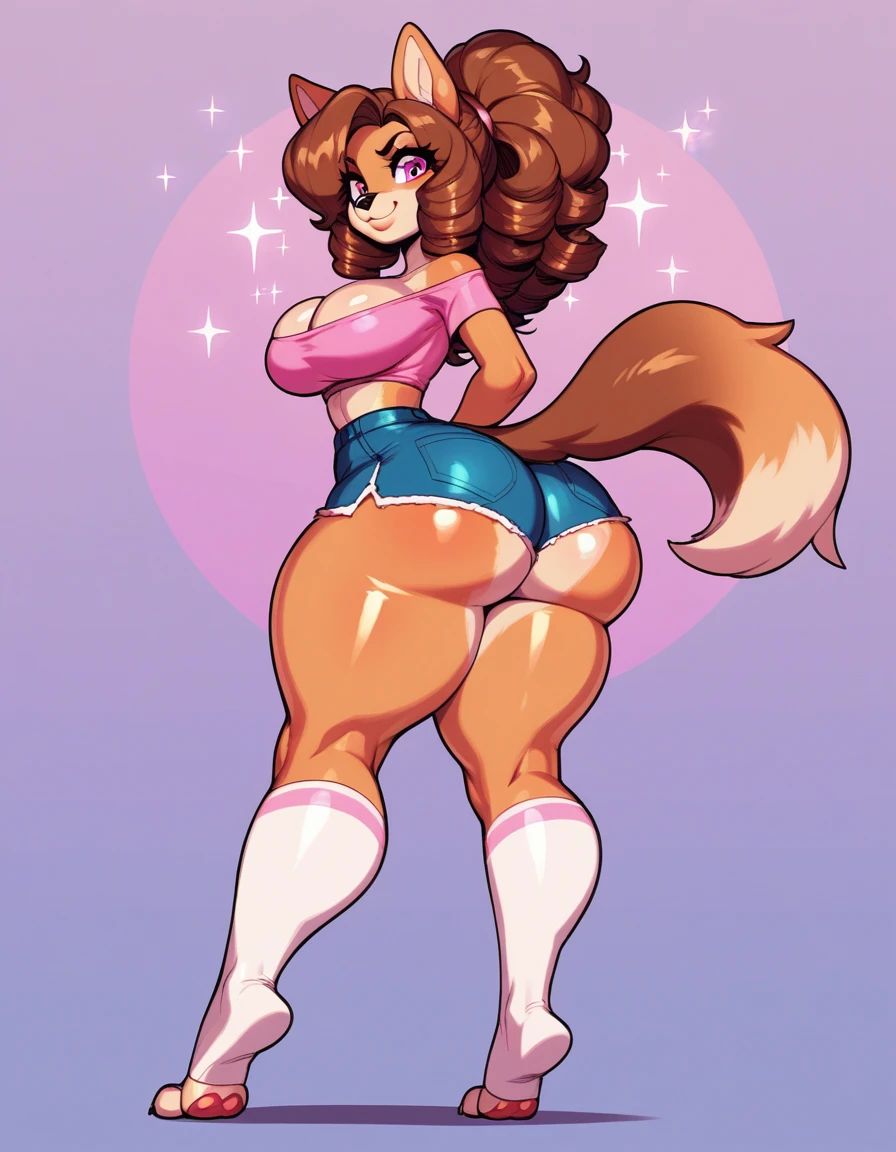 by buta99, by chelodoy, by spikedmauler, by cervina7, solo, female, standing, looking at viewer, ((hair, snout)), smiling, lips, eyelashes, eyeliner, big breasts, cleavage, canine, , light brown fur, chocolate labrador, domestic dog, pink eyes, sexy, light brown hair, long curly brown hair, milf, pastel colors, skinny, small waist, super skinny,huge thighs, huge ass, , pink shirt, mini skirt, kawaii face, big eyes, plump ass, showing ass to viewer, ass to viewer