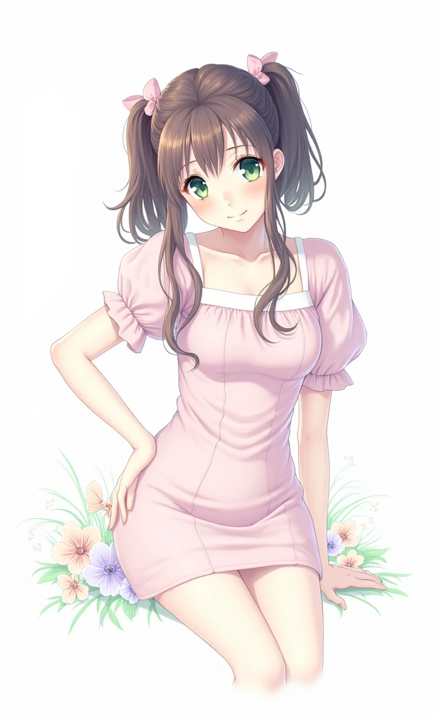 1 young beautiful girl, (20 year old girl:1.3), anime girl, anime CG style, crouching in a flower park, blue sky with white clouds, strong wind, brown hair, gradient hair, 2 bangs, crossed bangs, red bangs, long hair, ponytail, wavy hair, expressive hair, shiny hair, hair flower, hair ornament, butterfly hair ornament, lolita hairband, yellow hairband, pupils sparkling, aqua eyes, crystal earrings, makeup, smile, Natural smile, cutesmile, A captivating smile, (looking at the viewer:1.2), glossy lips, blush, tongue out, bright pupils, seductive smile, happy, beautiful face details, (pretty nose:1.3), green butterfly earrings crystal, large and round breasts, low chest, Elegant dress, turquoise green dress, short sleeves, floral dress with white lace, white bow sandals with flower, yellow panties, (show panties:1.4), (panty shot:1.3), (upskirt:1.3), (squat:1.4), put the heel on the ground, spread her legs a little, squat with her knees up, Attach her butt to the ground, good lighting, Front view, ass pov, close-up, from below, perspective, Wide-Angle, move the center of gravity front, squat deep in the park fields, whole body, perfect body, high detail, dithering, image fill, outside border, f/1.8, 85mm, Nikon, 8K, super detail, uhd, uhd, retina, masterpiece, anatomically correct, textured skin, super detail, high quality, best quality