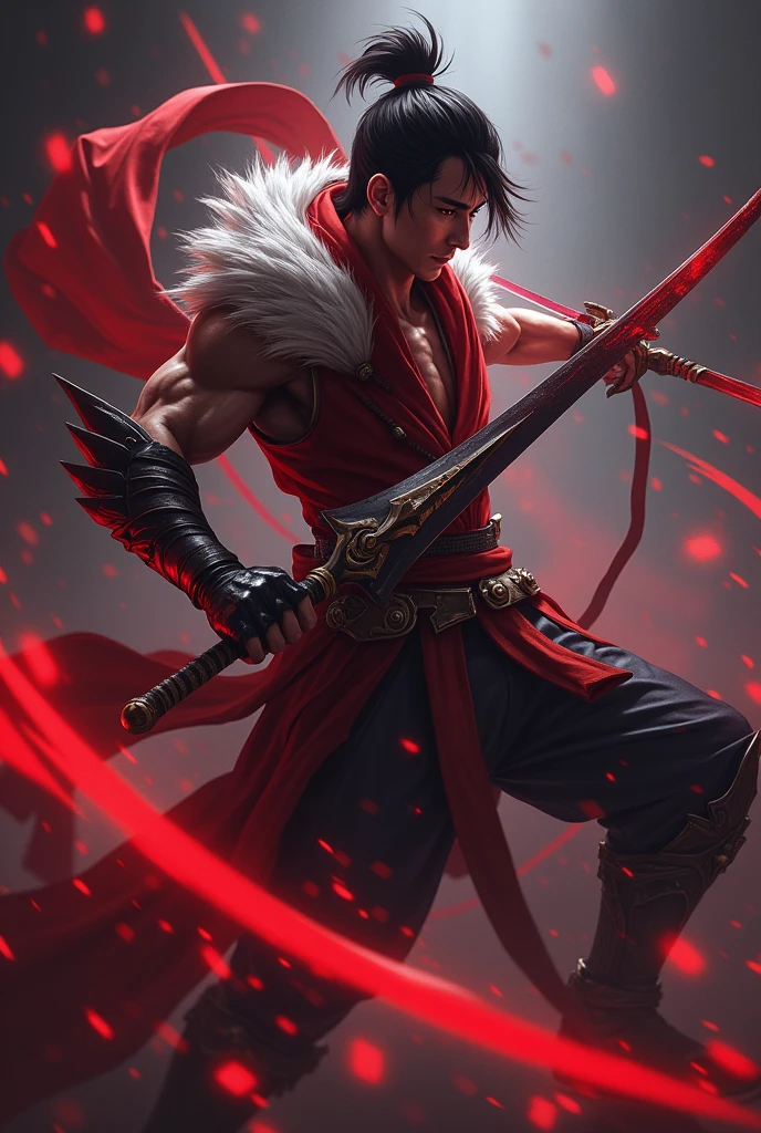 create realistic image of male character, Asian. wearing white leather clothes. with volume in the pants. in a hoodie. with a bow and arrow strapped to his back. holding a black flag with a skull design and writing the name "Ateez".  on top of a building. with the full moon and the city on fire in the background 