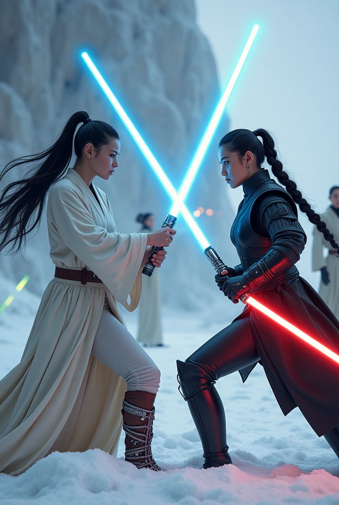 {Best Quality}, {Excellent}, {8K}, High Quality, Knight, Jedi, Female, Long Hair, Black Hair, {Ponytail:1.2}, Full Body, Glowing Blue Lightsaber, Good Style, Long Legs, {Combat}, Jedi Costume, Two Jedi Knights Behind, {Green Lightsaber in Hand:1.2}, Warrior, Sith, Female, Long Hair, Black Hair, Full Body, Red Lightsaber, Good Style, Long Legs, {Combat}, Black Battlesuit, Sith and Jedi Fighting with Lightsabers, Planet Hoth