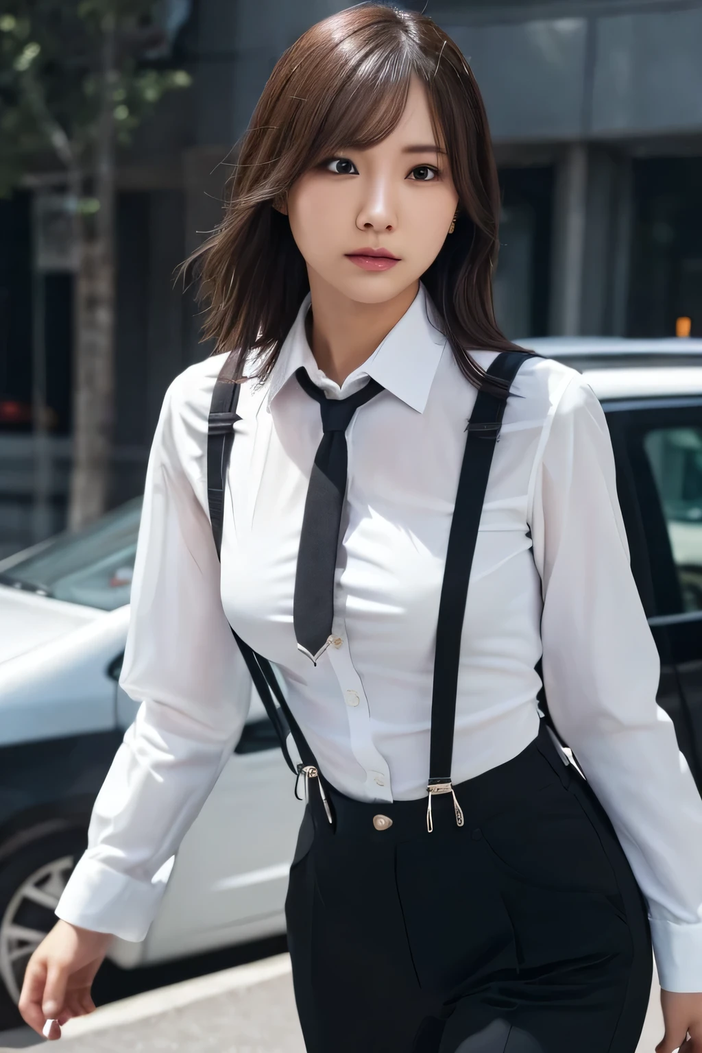 a woman in a suit, belt, hands behind back, sweating, suspenders, black pants, large breasts, see-through clothing, rain, detective, office worker, white button-up shirt, (best quality,4K,8k,highres,masterpiece:1.2),ultra-detailed,(realistic,photorealistic,photo-realistic:1.37),hyper-detailed,highly detailed face and body, Slender thin suspenders Moderate breasts See-through shirt Nipples holster chain Pistol Armament criminal Female criminal knife Hands Behind Back Constraints 程よい胸 黒いマスク