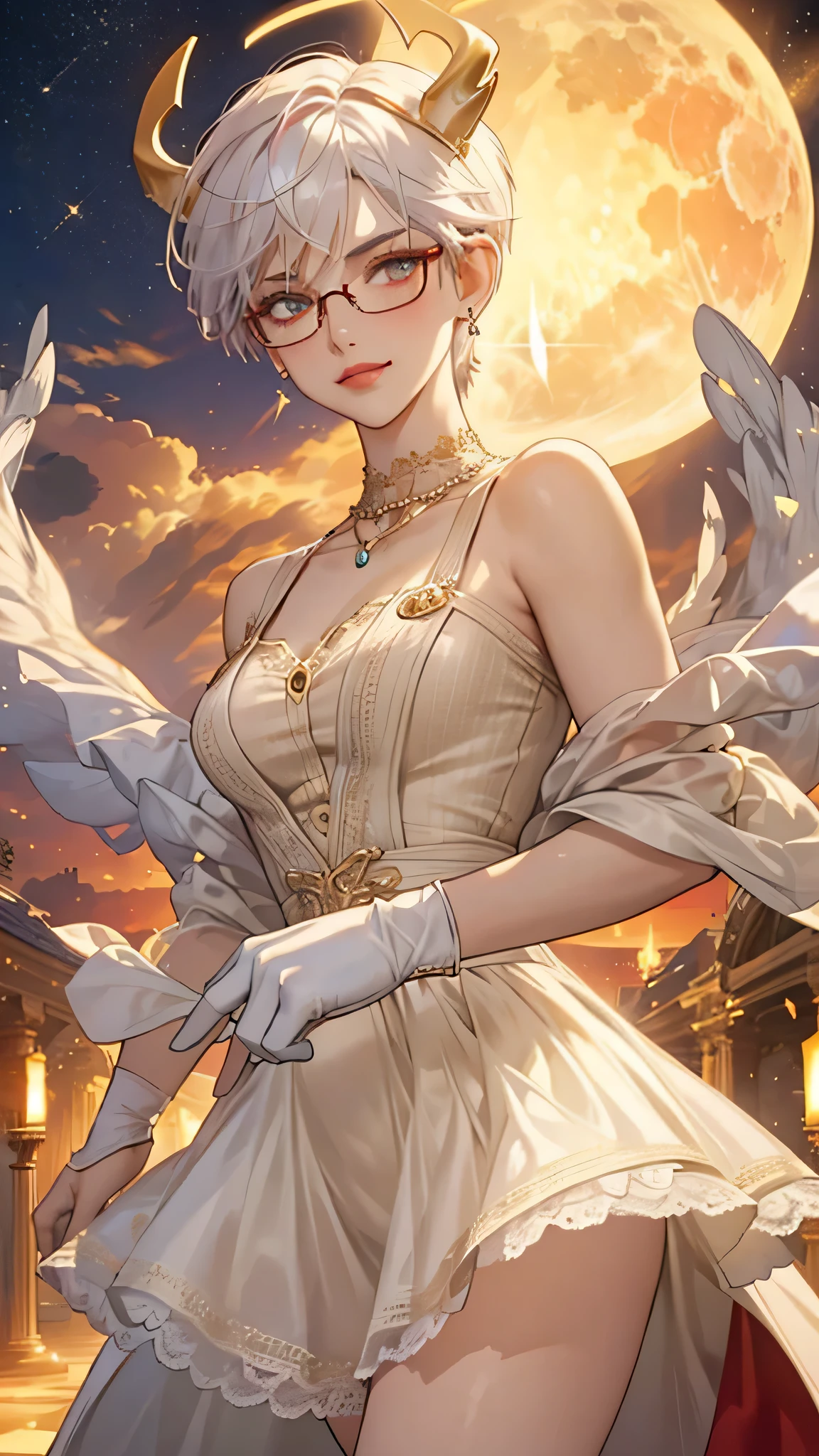 8k, masterpiece, best quality, highly detailed, 1 girl, tiefling, warlock, pixie cut, multicolored hair, very short straight hair red highlight hair on white hair, strippled hair, wearing glasses, round glasses, earrings, red eyeshadow, long eyelashes, blushed cheek, red lips, pearl necklace, rings, collarbone, mole on face, glamorous, white and gold clothes, sleeveless, laced dress, smirk, close up view, rings, looking at viewer, demon horns, solo, starry sky, radiant gold moon, standing, golden halo, white lace gloves, heavenly scene, halo, holy palace in background.