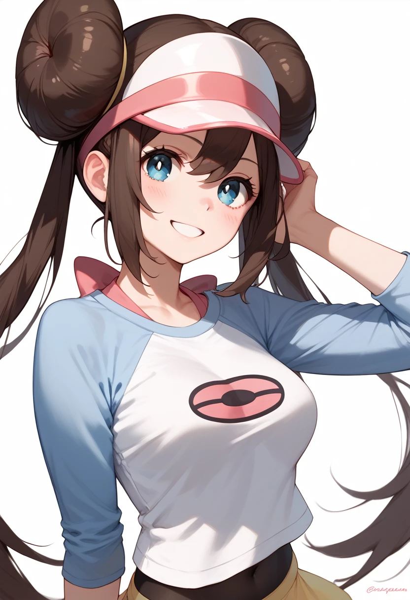 rosa, brown hair, double bun, doughnut hair bun, hair bun, blue eyes, hair between eyes, twintails,pantyhose, , raglan sleeves, micro skirt, white shirt, blue sleeves, long sleeves, visor cap,medium breasts,evil smile