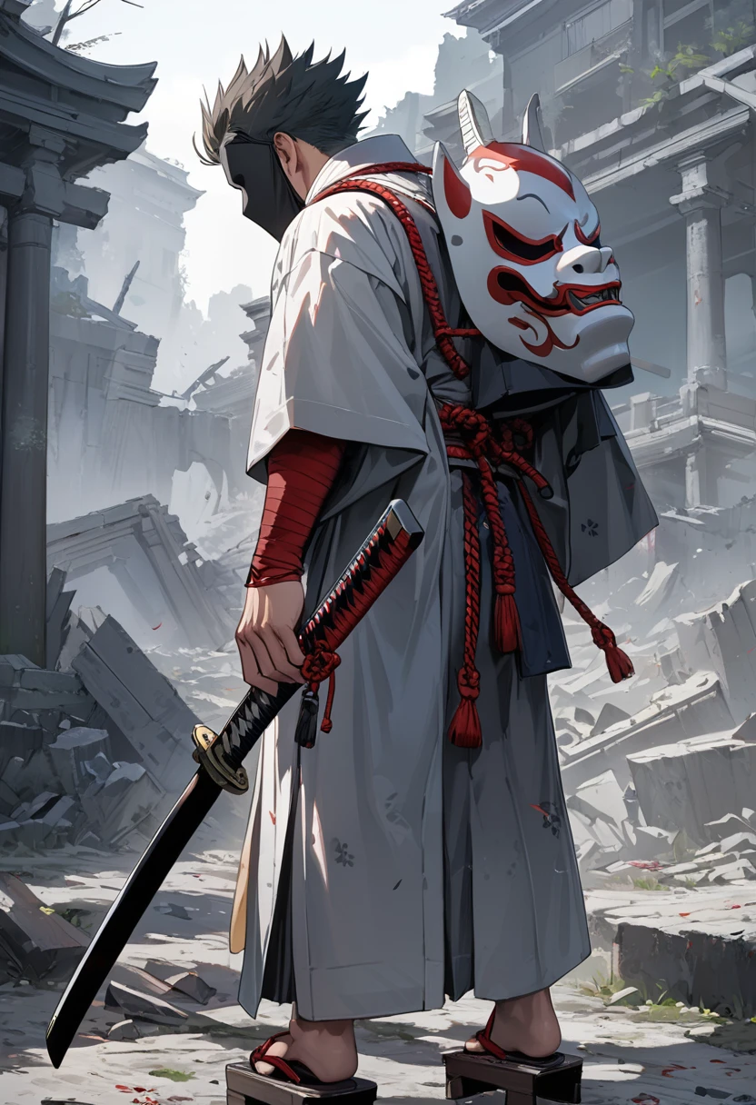 Japanese white kimono doctor with mouth veil and white head wear rag and blood stained on the dress anime