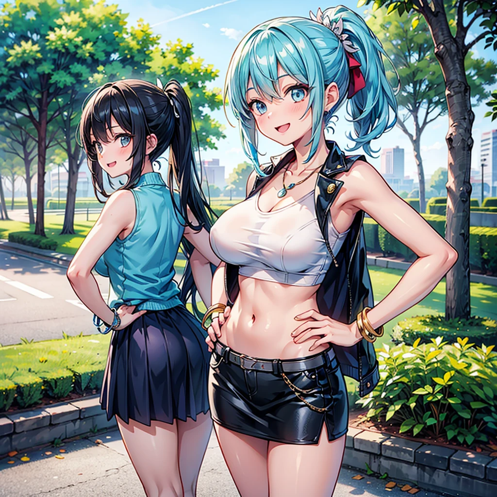 (masterpiece, best quality), best resolution, (3heads:1.5), woman, teal hair, stylish designer tube top, miniskirt, necklace and bracelets, she struts confidently through the vibrant streets of Metrocity, brilliant and eye-catching colors, urban fashion, huge tits,