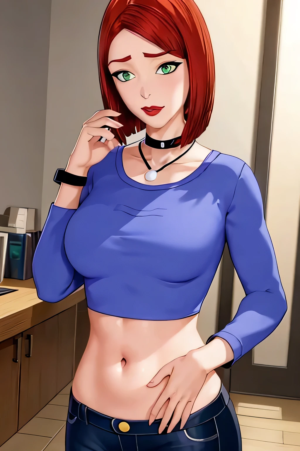 super fine illustration, vibrant colors, masterpiece, sharp focus, best quality, depth of field, looking down, cinematic lighting, ultra detailed, solo, 1girl, belly button, bellybutton, navel, tummy, choker, jewelry, necklace, black choker, blue shirt, crop top, long sleeves, black_pants, jeans, denim, wristband, red hair, short hair, green eyes, makeup, lipstick, red lips, bob cut, lips, mature woman , leaning back, indoors, embarrassed,  CARTOON_merry_jane_watson_SMTAS_ownwaifu, www.ownwaifu.com, indoors, hand on own stomach, blush, 
