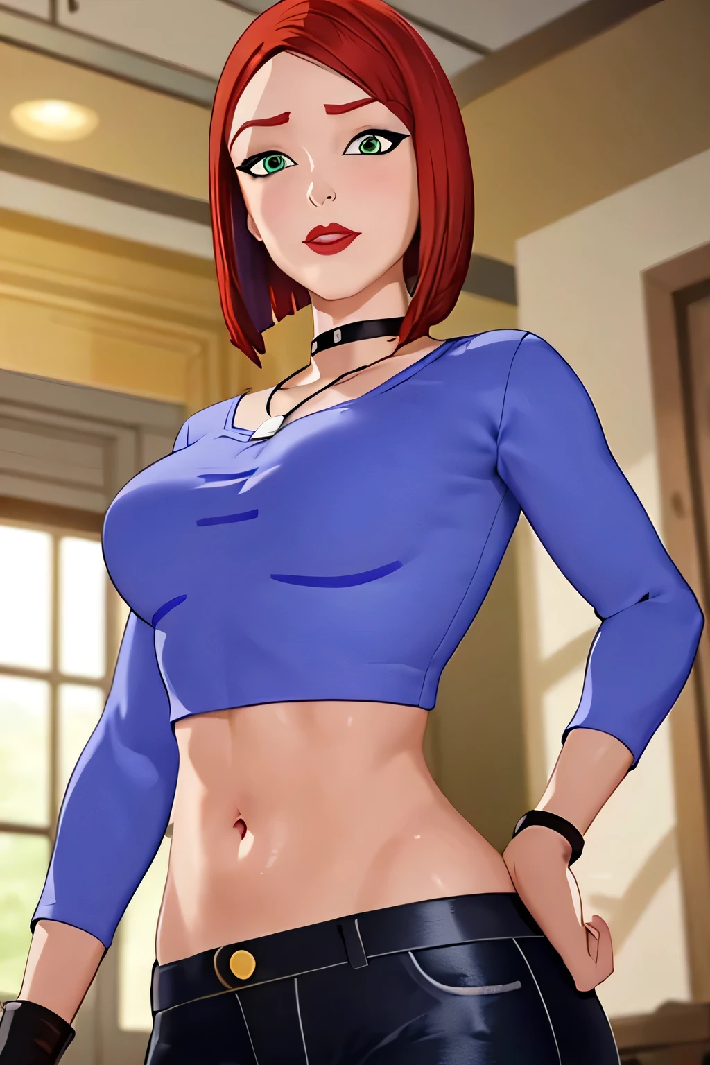 super fine illustration, vibrant colors, masterpiece, sharp focus, best quality, depth of field, looking down, cinematic lighting, ultra detailed, solo, 1girl, belly button, bellybutton, navel, tummy, choker, jewelry, necklace, black choker, blue shirt, crop top, long sleeves, black_pants, jeans, denim, wristband, red hair, short hair, green eyes, makeup, lipstick, red lips, bob cut, lips, mature woman , leaning back, indoors, embarrassed,  CARTOON_merry_jane_watson_SMTAS_ownwaifu, www.ownwaifu.com, indoors, hand on own stomach, blush, 
