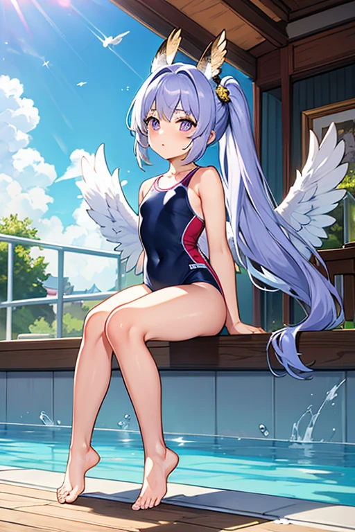 (masterpiece,best quality,ultra-detailed), an anime girl who is, calm angel. She has lavender long hair with straight bangs and high ponytails, periwinkle eyes, eurasian eagle-owl ears and wings, wearing a competition swimsuit and ankle straps, barefoot, sitting down at a public swimming pool, one leg lift up, feet focus, sole, toes, calmly looking at the viewer