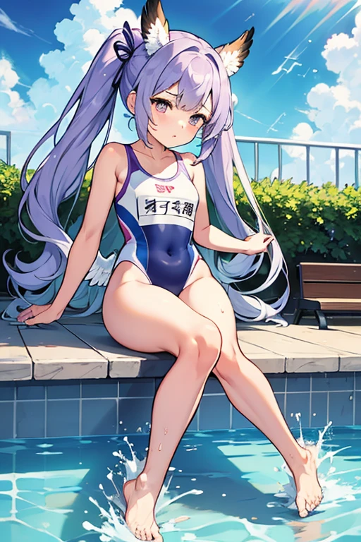 (masterpiece,best quality,ultra-detailed), an anime girl who is, calm angel. She has lavender long hair with straight bangs and high ponytails, periwinkle eyes, eurasian eagle-owl ears and wings, wearing a competition swimsuit and ankle straps, barefoot, sitting down at a public swimming pool, one leg lift up, feet focus, sole, toes, calmly looking at the viewer