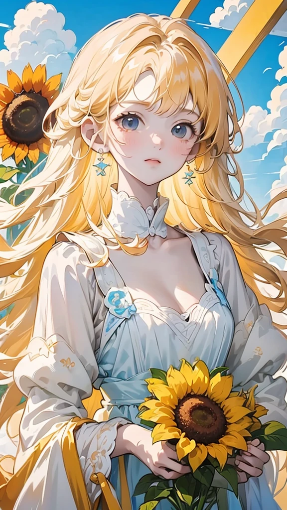 masterpiece， high quality， Movie stills， One person girl，Golden Hair，Wear a sunflower on your head， Floating in the sky， cloudの少女， cloud， （Cleavage close-up： 1.1）， Bright， Cheerfulness， Interesting， colorful， （Bauhaus， shape， Line art， Abstracted： 1.1），Transparent body