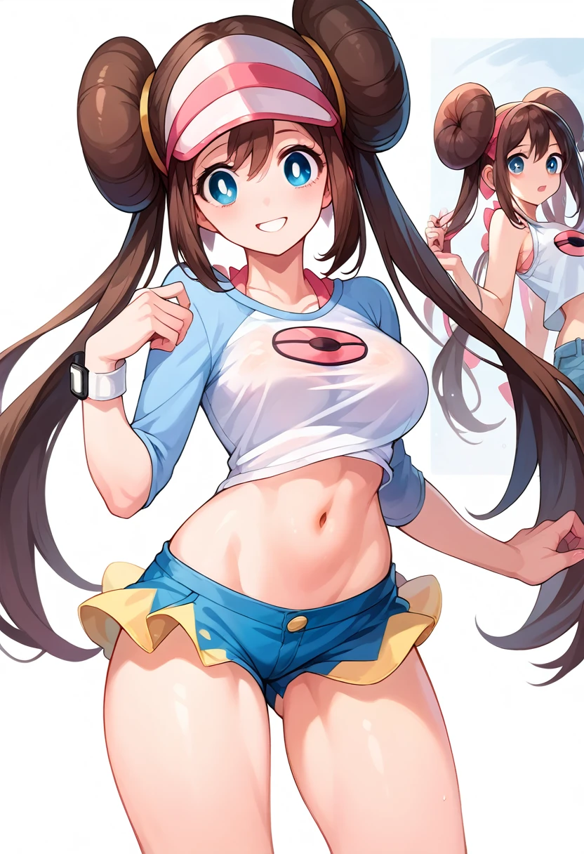 (top quality),(ultra detail),(sharp picture),break,(girl),teenager,(huge ass),looking at viewer, bangs, (large breasts:1.1) ,break, navel ,open eyes,smile,pokemon, rosa,clothing