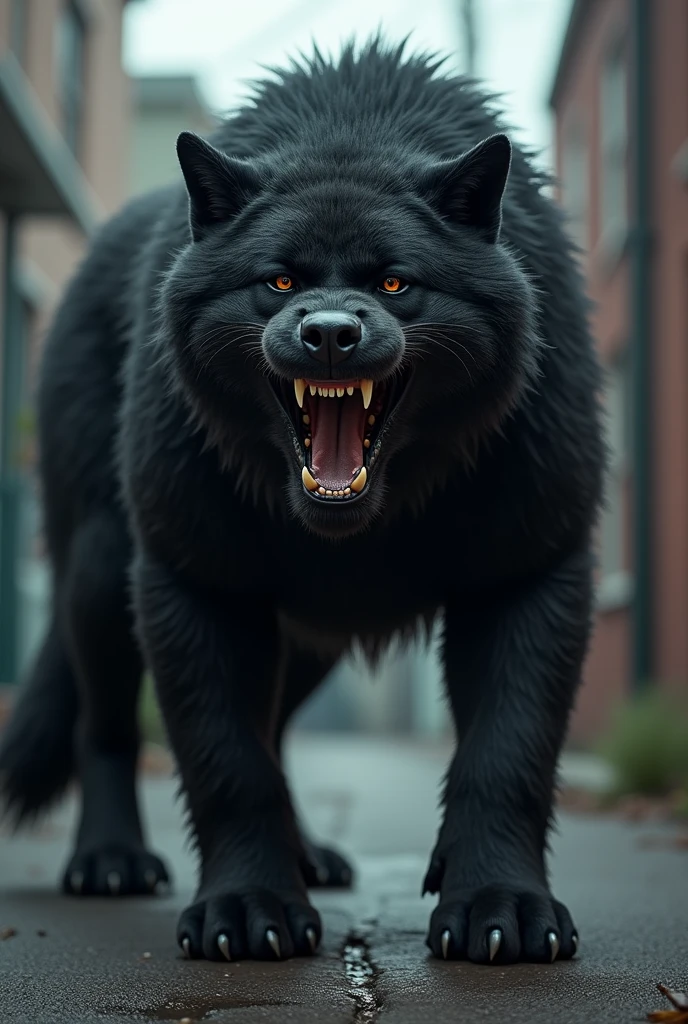 (photorealism:1.2), Big Black Furious Dog, Huge, Furry, Showing Massive Teeth, Dark Background, Neighborhood, on the sidewalk 
