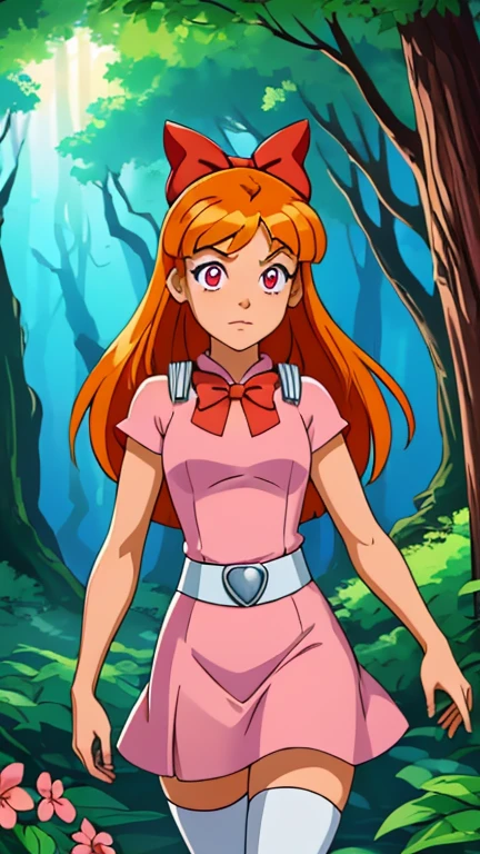 (1girl, solo, (Blossom:1.5)), (extremely detailed CG unit 8k wallpaper),(master part), (best quality), (ultra detail), (best illustration),(Totally Spies, art style), cowboy shot, (Sharp eyeliner, ombre, detailed eyes:1), forest, outdoors background, ,break,  (digital art), upper body, (orange hair, blunt bangs, pink eyes:1.2), (hair bow, red bow, simple pink dress, simple black belt, white thighhighs:1.2)