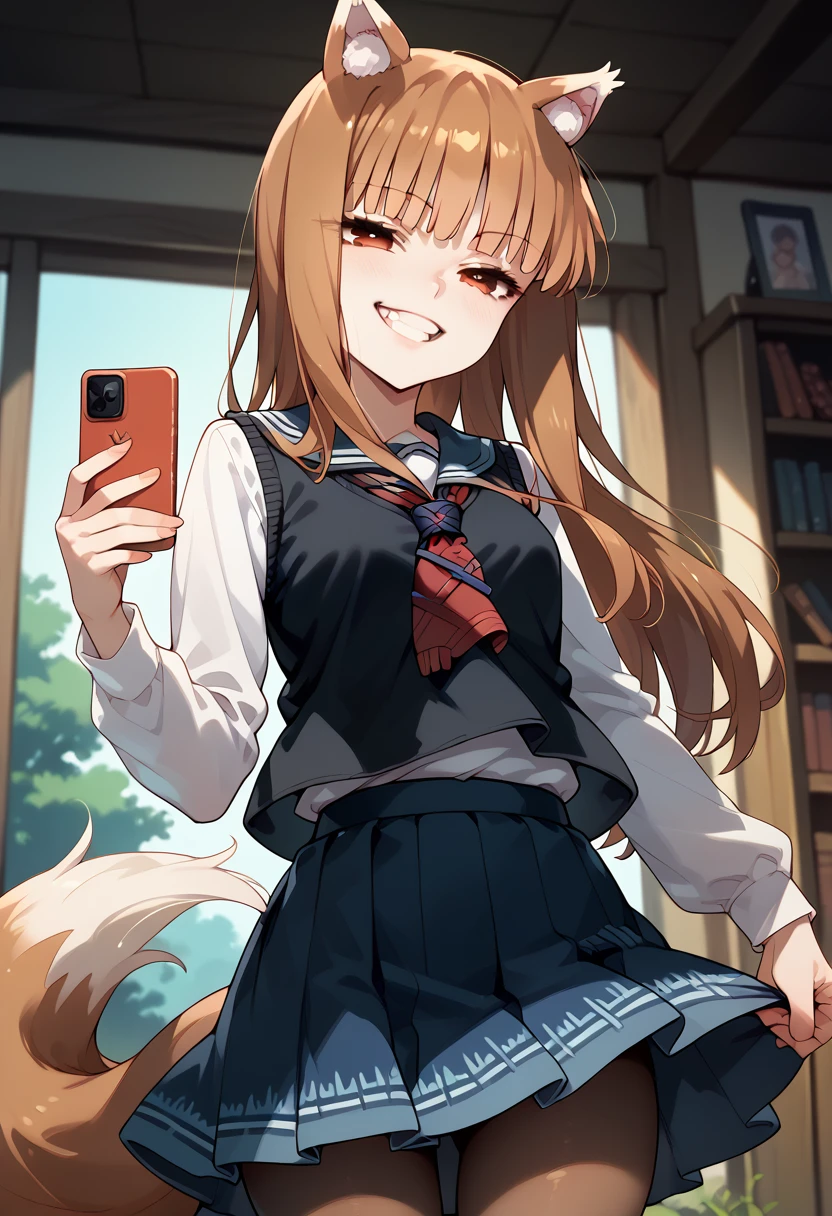 masterpiece,High resolution,Best Quality,8k
(Holo,Spice and Wolf)
(Skinny,Small breasts,Animal ears and tail) (School uniform,Long sleeve white shirt,Black vest,Blue mini skirt,tights)Hold a smartphone in one hand,Grin,Narrowed eyes