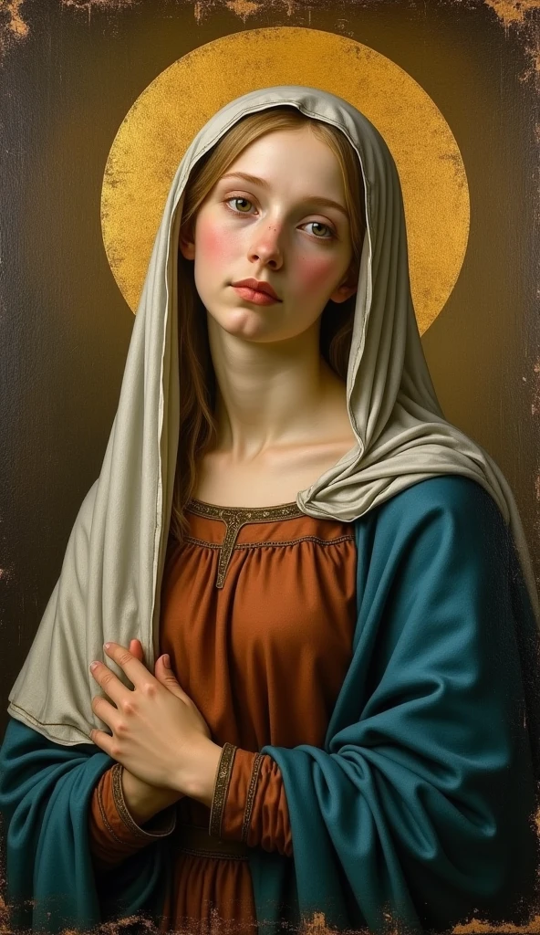 The beautiful Virgin Mary, gazing kindly upon her viewers., She is wearing a reddish beige tunic with a light blue cloak and veil., Halo