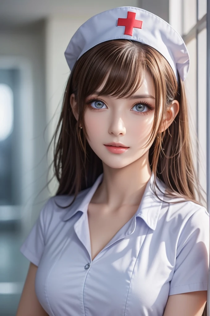 nurse , In the hospital , Detailed hands , high quality, 最high quality, Detailed face, Beautiful woman , Golden Eyes, Long Hair , Gorgeous Dress, Wearing a white nurse costume , Nurse cap, Sharp eyebrows , (Brown Hair:1.4)