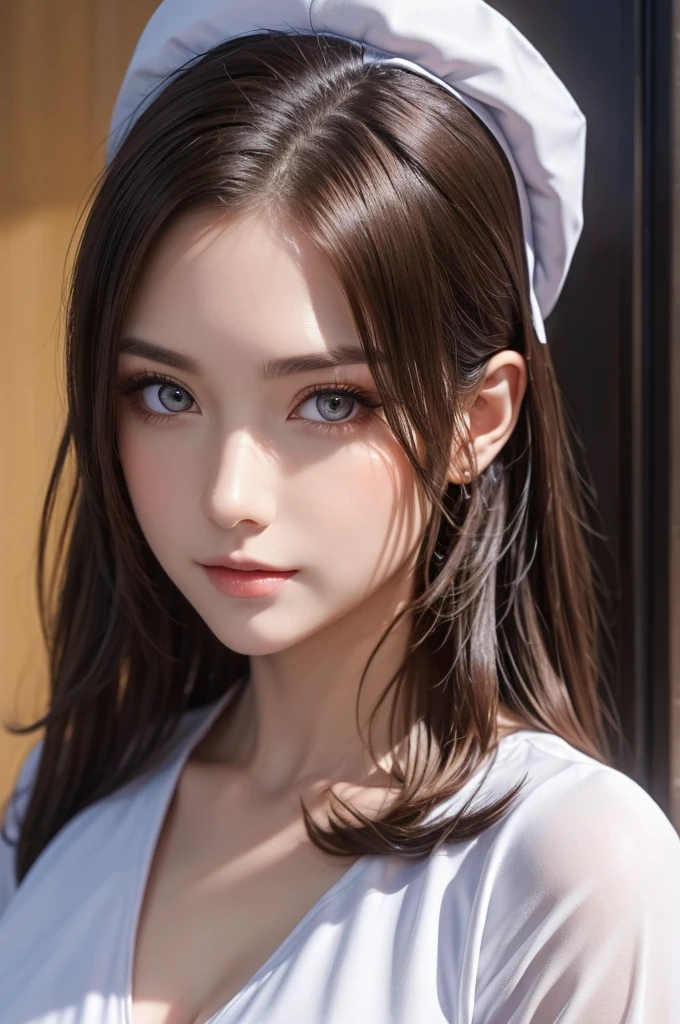 nurse , In the hospital , Detailed hands , high quality, 最high quality, Detailed face, Beautiful woman , Golden Eyes, Long Hair , Gorgeous Dress, Wearing a white nurse costume , Nurse cap, Sharp eyebrows , (Brown Hair:1.4)