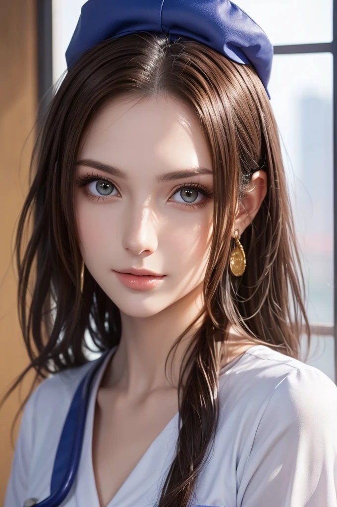 nurse , In the hospital , Detailed hands , high quality, 最high quality, Detailed face, Beautiful woman , Golden Eyes, Long Hair , Gorgeous Dress, Wearing a white nurse costume , Nurse cap, Sharp eyebrows , (Brown Hair:1.4)