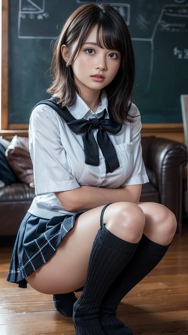 1girl in、(Super beautiful)、(beauitful face:1.2)、(Clear pubic contours)，(spreads her legs)、(tie up with rope:1.3)、Classroom chairs、high-school uniform、Dark blue pleated skirt、(At SFW:1.1)