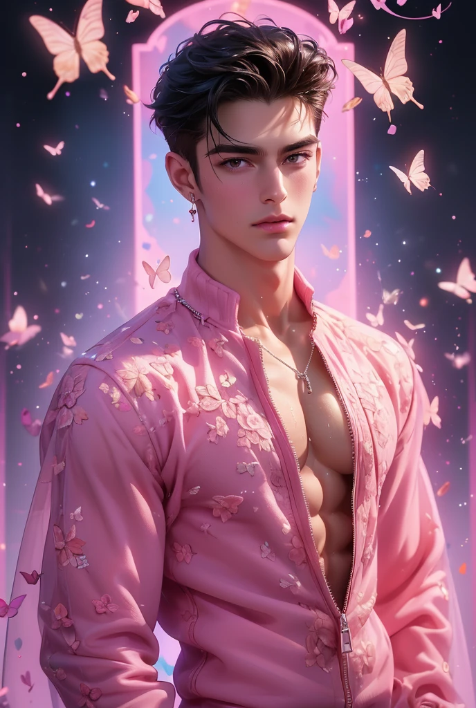  (absurdres, highres, ultra detailed, Ultra HD), (A strikingly tall handsome muscular american young man,solo, male model modern clothing, Full length portrait: 1.5, wearing a pink color zip-up jumpsuit that is unzipped revealing his chest and abs, bulge:1.2, necklace, jewellery), beautiful detailed eyes, beautiful detailed lips, extremely detailed eyes and face, smooth skin, a hot glow in his skin, perfect bare body, large chest, extremely large breasts, big nipples, sexy gaze, looking at the viewer romantically, sexy expression, sexy posture, short hairstyle,bbeautiful, gorgeous, wet, sensual, alluring, erotic, verious red and pink roses around him, the man is standing comfortably in the roses, butterflies on his body, butterflies flying through the air, floral, depth of field, gradient background, Sparkle & Sequin Backdrops, vibrant colours, breathtaking grandeur, model pose, colorful, artistic, focus on his calm facial features, elegant look, full body view,