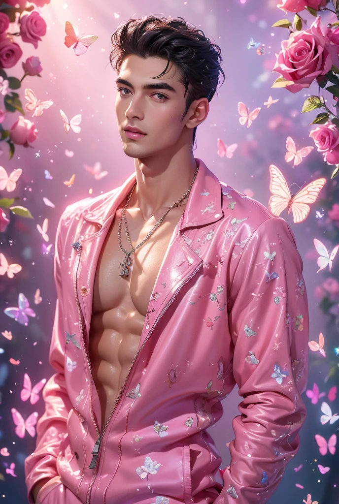  (absurdres, highres, ultra detailed, Ultra HD), (A strikingly tall handsome muscular american young man,solo, male model modern clothing, Full length portrait: 1.5, wearing a pink color zip-up jumpsuit that is unzipped revealing his chest and abs, bulge:1.2, necklace, jewellery), beautiful detailed eyes, beautiful detailed lips, extremely detailed eyes and face, smooth skin, a hot glow in his skin, perfect bare body, large chest, extremely large breasts, big nipples, sexy gaze, looking at the viewer romantically, sexy expression, sexy posture, short hairstyle,bbeautiful, gorgeous, wet, sensual, alluring, erotic, verious red and pink roses around him, the man is standing comfortably in the roses, butterflies on his body, butterflies flying through the air, floral, depth of field, gradient background, Sparkle & Sequin Backdrops, vibrant colours, breathtaking grandeur, model pose, colorful, artistic, focus on his calm facial features, elegant look, full body view,