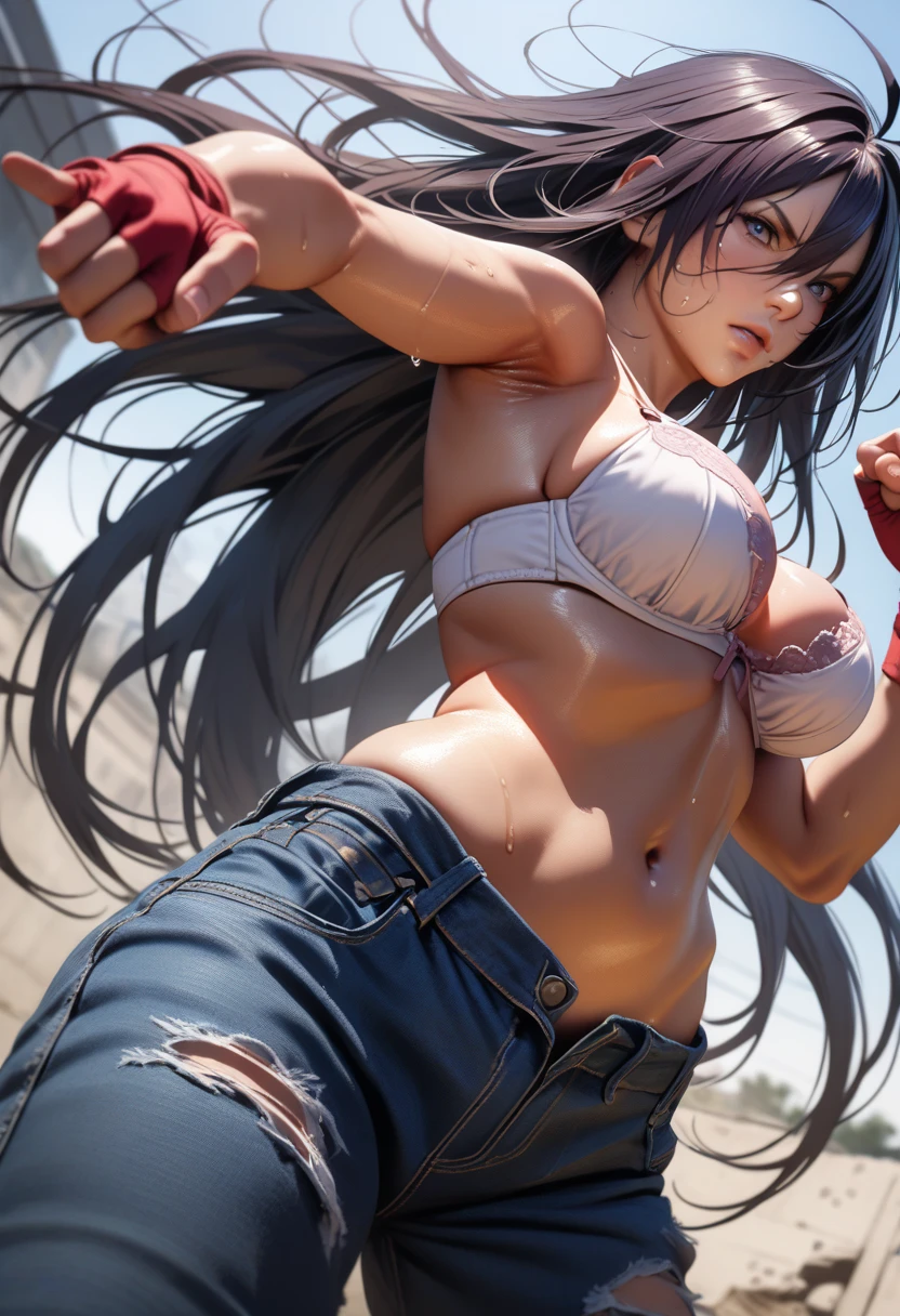 kanu,dark purple hair, hair over one eye, very long hair,red fingerless gloves, midriff,(delicate embellishments Gorgeous bra:1.2),navel,(low-rise damaged short denim pant:1.3),large breasts,perfect hands, perfect finger,perfect anatomy, masterpiece, best quality,realistic, hyperrealistic, 16k hdr,1 mature female,outdoor,high school,(fighting pose,dynamic pose:1.3),dynamic angle,upper body,serious,from below,sweat,strong wind,