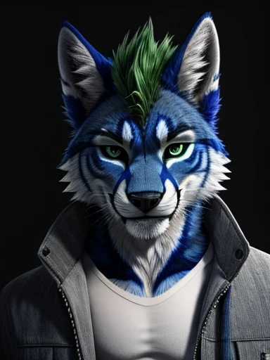 liolf (hybrid wolf:0.7 and lion:0.3), anthro liolf, furry, male, solo, darkblue fur, darkblue body, green hairs, spiky hairs, short hairs, deep green eyes, look at viewer, seductive smile, abs, opened light grey jacket, (white shirt), dark grey pant, polar background